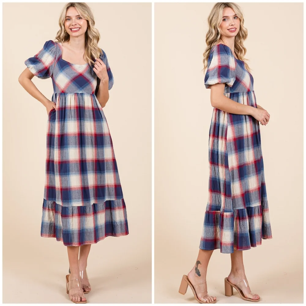 POLAGRAM Plaid Pattern Short Sleeves Midi Dress - Picture 10 of 11